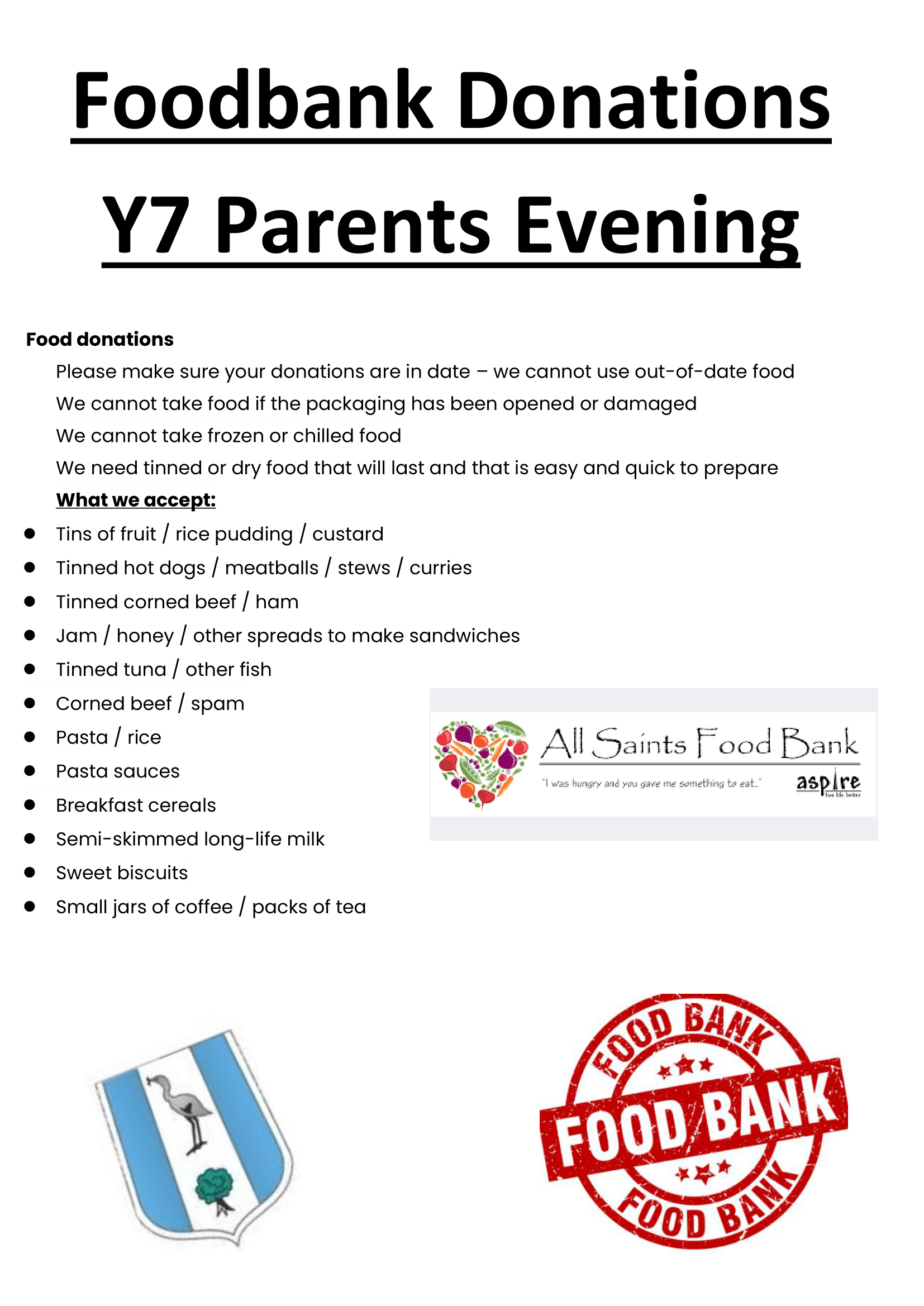 Food Bank Collection Point during Y7 Parents Evening.