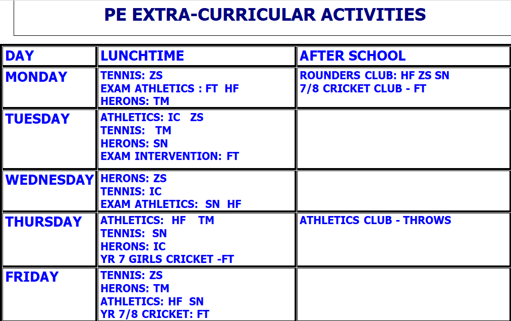 P.E. Lunchtime Clubs Term 1 2025/2026