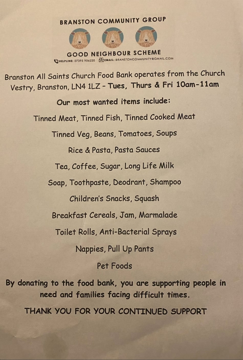 Open Evening Food Bank Information -