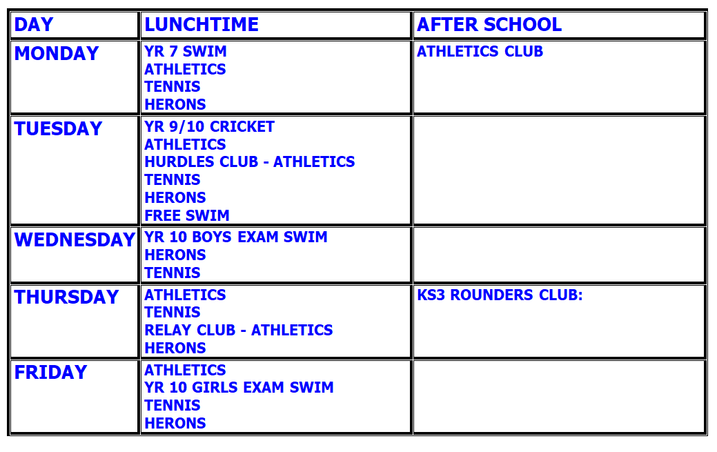 P.E. Lunchtime Clubs Term 6 2023/2024