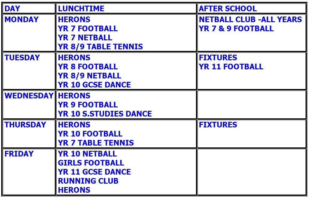 PE Lunchtime Clubs 23/24 Term 1