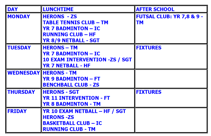 P.E. Lunchtime Clubs Term 2 2025/2026